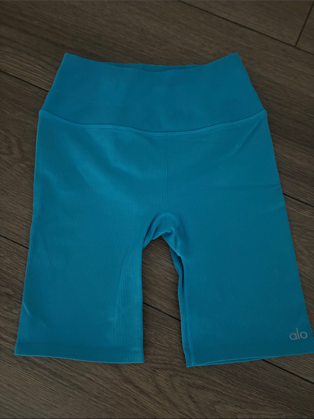 ALO Yoga Bright Teal Ribbed Bike Shorts